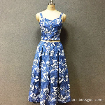 Women's cotton blue leaf top and dress